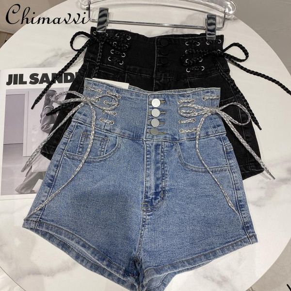 

women's jeans single-breasted side strap denim shorts high waist slim short pants bottoming 2021 summer fashion simple women, Blue