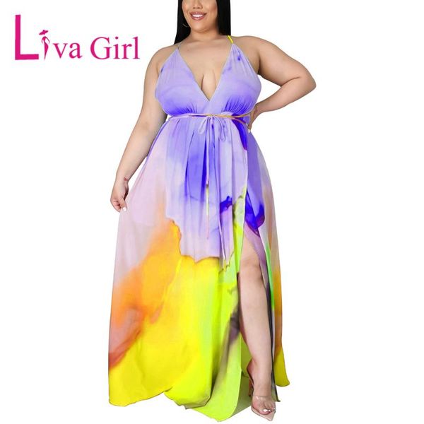

casual dresses liva girl woman deep v halter slit gradient flotal plus size bohemian maxi dress 2021 female backless scling long 5xl, Black;gray