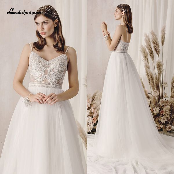 

new es boho a-line spaghetti straps open back tulle bride for wedding vestido de novia 2021 4iv3, White