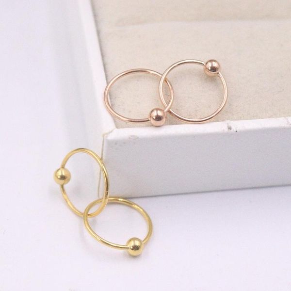 

other pure solid 18k yellow rose gold earrings women luck bead smooth hoop 0.4-0.6g 10mmw gift, Golden;silver