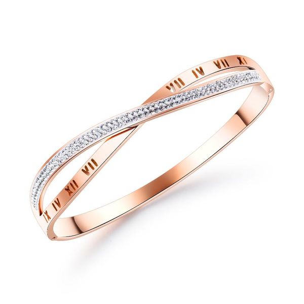 Pulseira de moda pulseira para mulheres titânio de aço jóias numerais romanos rose banhado a ouro de ouro diamantes em forma de x