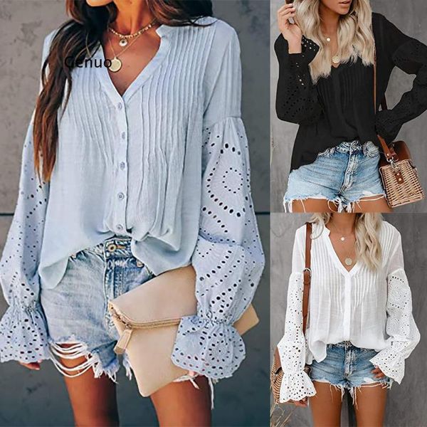 

women's blouses & shirts fashion lace hollow blouse shirt buttons v-neck casual autumn winter ladies female women long sleeve blusas p, White