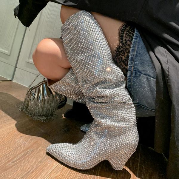 

boots arden furtado 2021 fashion winter cone heels pointed toe silver women's knee high pleated crystal big size 40, Black