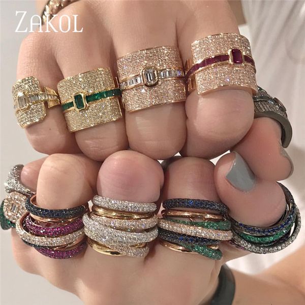

designer rings zakol design luxury statement stackable ring for women wedding cubic zircon engagement dubai punk bridal finger, Golden;silver