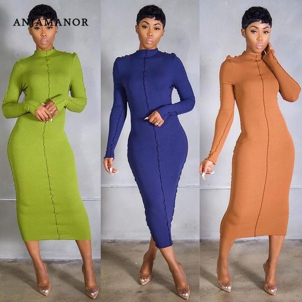 

casual dresses anjamanor solid ribbed knitted long for women warm sleeve bodycon dress winter sweater 2021 d29-db56, Black;gray
