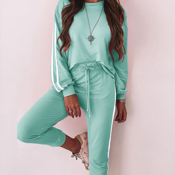 

New 2021 Hot Casual Tracksuit Two Piece Tops + Pants Outfits for Women Fashion Solid Striped Sweatpants Pullover Set Woman BYWV, White