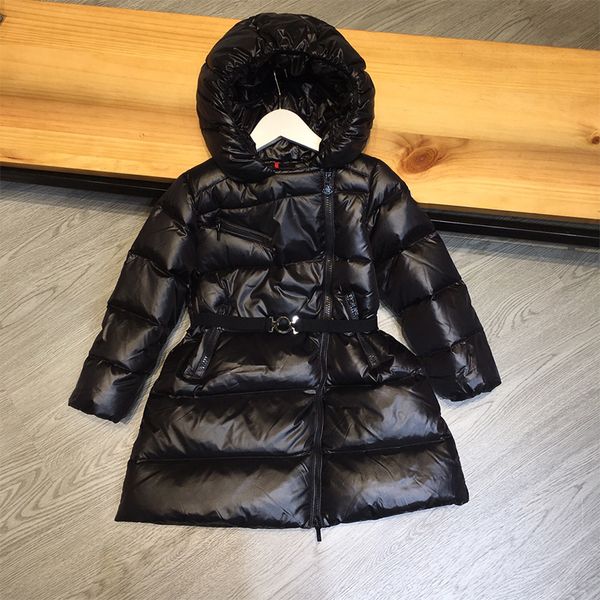 

fashion designer baby girls down coat classic black children's wear girl inclined zipper waist long western style thickened warm down j, Blue;gray