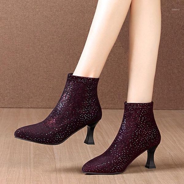 

boots sparkling sequined elastic women pointed toe stiletto heels ankle woman wine red wedding party shoes1, Black