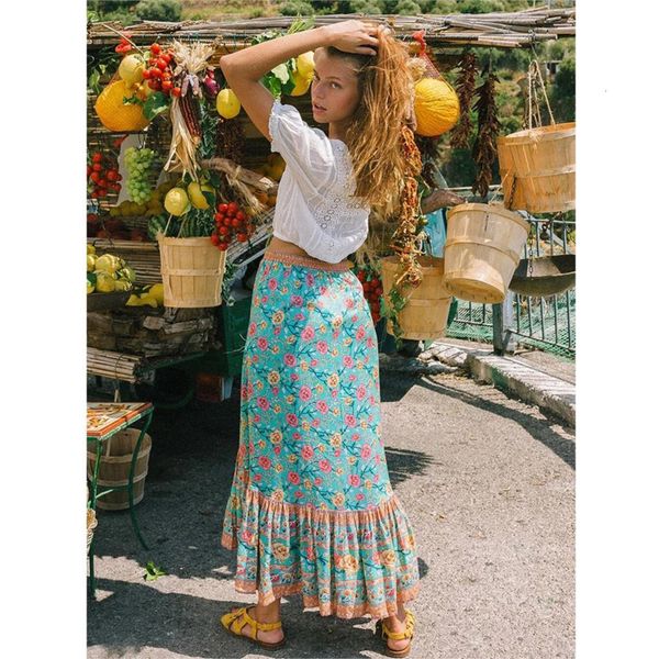 

2021 new summer midi women boho chic floral print skirts elastic waist casual beach skirt faldas mujer moda jupe z0wj, Black