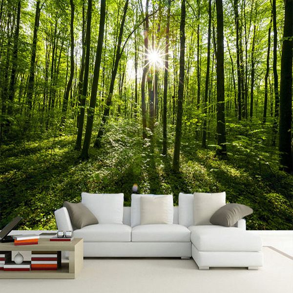 Fototapete im Landhausstil, grüner Wald, Natur, Landschaft, umweltfreundlich, Vliesstoff, Stroh, 3D-maßgeschneiderte Tapete für die Wand