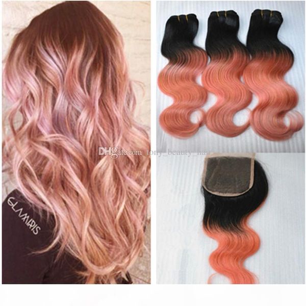 

peruvian 1b rose-gold ombre body wave virgin hair weave with 4*4 closure, Black