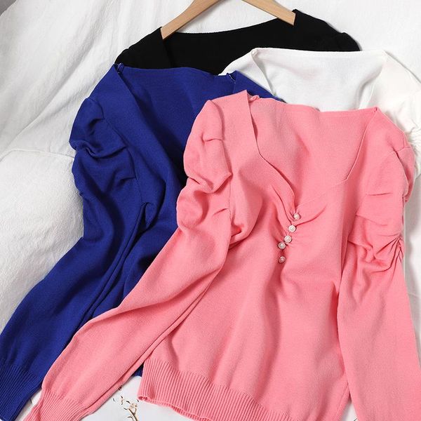 

v-neck breasted comfortable sweater women's winter wear new thin and sweet korean bubble sleeve knitted top, White;black