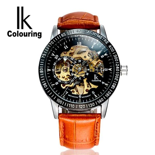 

wristwatches relogio feminino ik colouring stylish skeleton mens automatic mechanical wristwatch leather strap white dial golden movement, Slivery;brown
