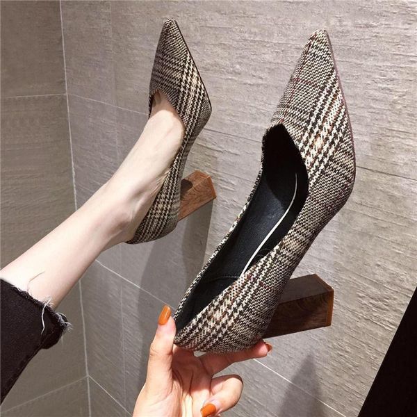 

dress shoes uxury woman thick with pointed fashion women's high heels plaid cloth wild small fresh single women pumps femme shoe lady, Black