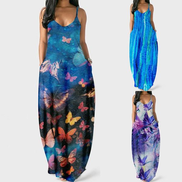 

casual dresses vintage butterfly print dress women summer oversized boho clothes beach sleeveless long plus size vestido, Black;gray