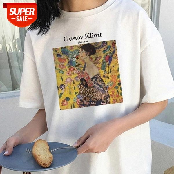 

sunfiz yf gustav klimt letter print tee summer new women's loose tee chic harajuku pattern art oil painting fashion vintage #li30, White