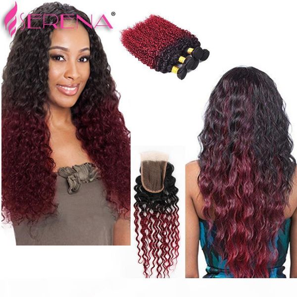 

1b 99j human hair bundles and closure burgundy ombre kinky curly hair virgin hair with closure two tone brazilian 1b burgundy, Black;brown