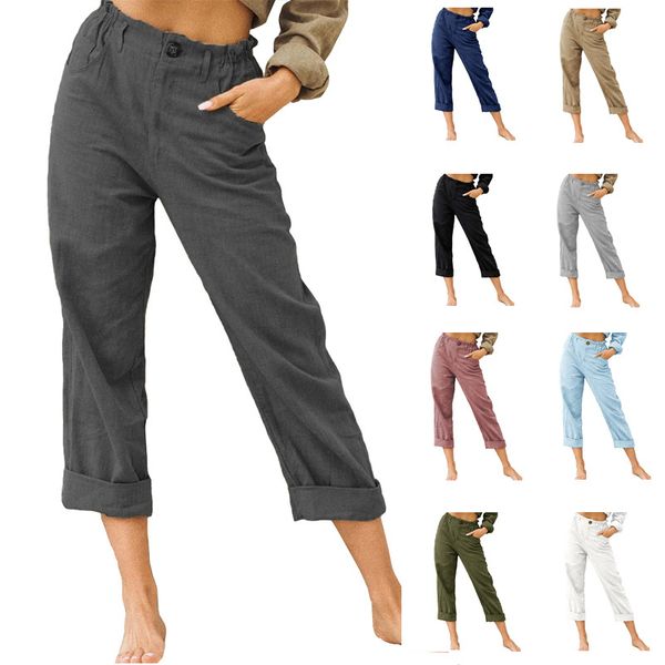 

women's pants capris 2021 european and american style solid color cotton linen fashion loose high waist casual trousers, Black;white