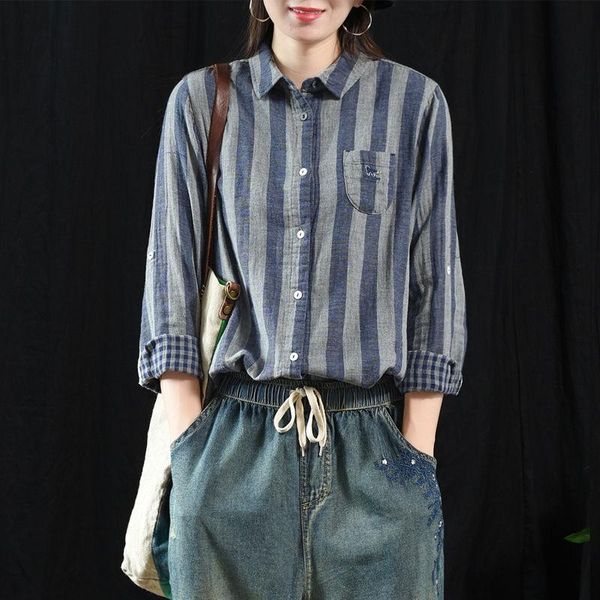 

new arrival autumn arts style vintga striped cotton blouse women loose casual pockets design all-matched long sleeve shirt a76, White