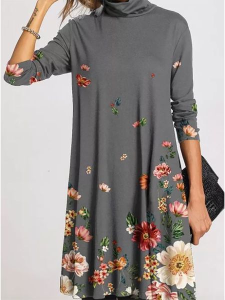 

winter turtleneck warm vintage print dress women autumn elegant long sleeves patchwork dresses female casual loose vestidos 210303, Black;gray