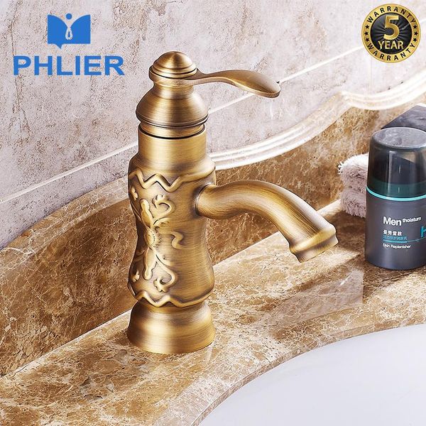 

bathroom sink faucets phlier luxury antique bronze copper carving water waterfall basin mixer tap faucet single handle hole