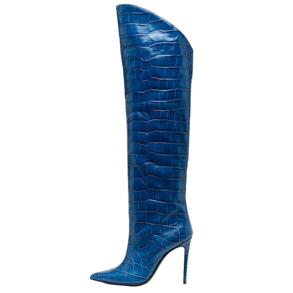 

boots pointed toe crocodile print stilettos fashion slip-on knee v-mouth snake british style high boot party women large size 47, Black