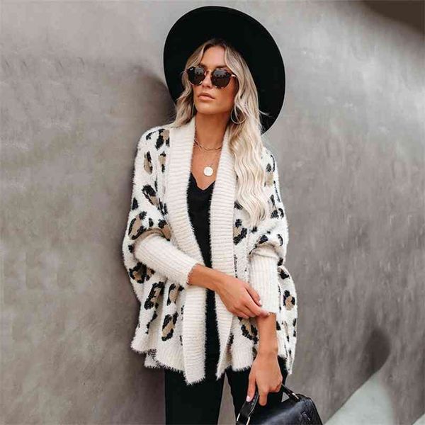 Fitshinling Fuzzy Leopard Cardigan lungo femminile Bohemian Slim manica a pipistrello oversize maglioni cardigan per le donne cappotto invernale 210918