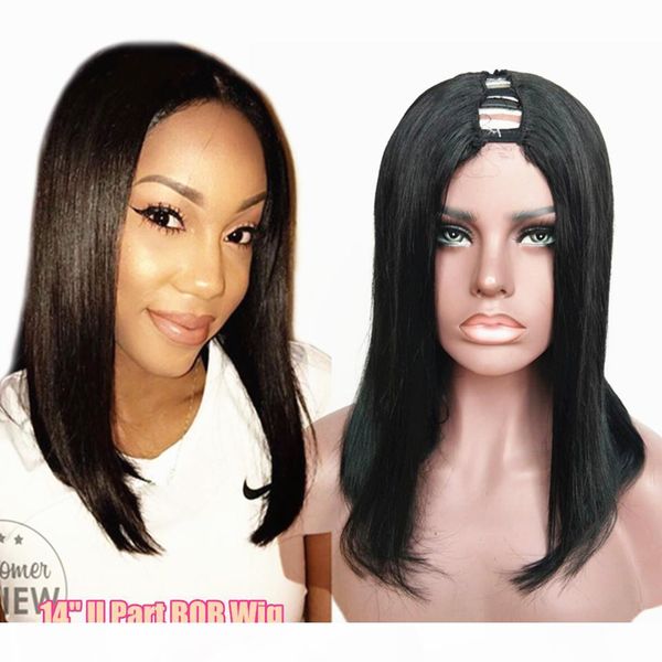 

glueless human hair bob wig silky straight u part wigs right left middle upart natural brazilian remy human hair u shaped wig, Black;brown