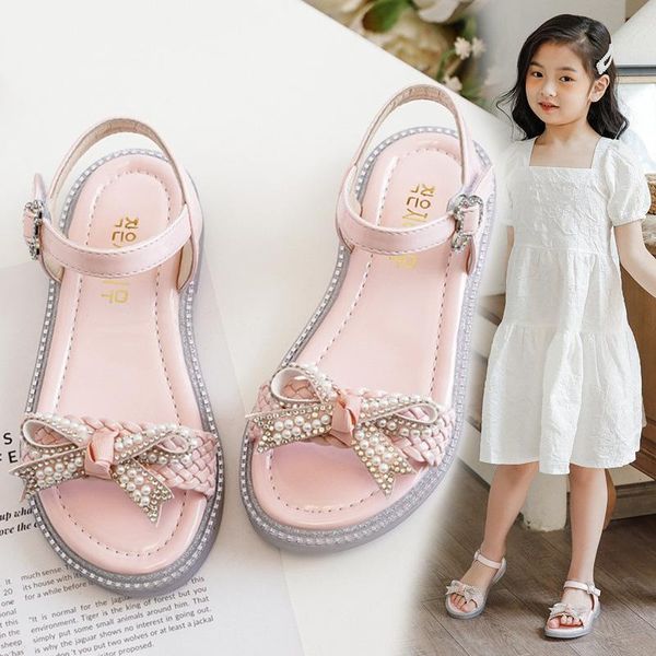 

sandals children shoes girls' fashion pearl bow princess flat sandal kids beach school 2021 summer little girl 3 5 9 12 year, Black;red