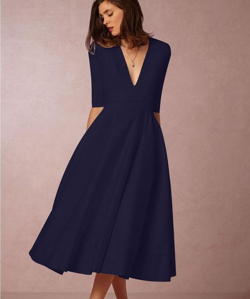 

solid 3/4 sleeve v neck pin up midi dress a-line business party female swing women dress green purple white red black frocks, Black;gray