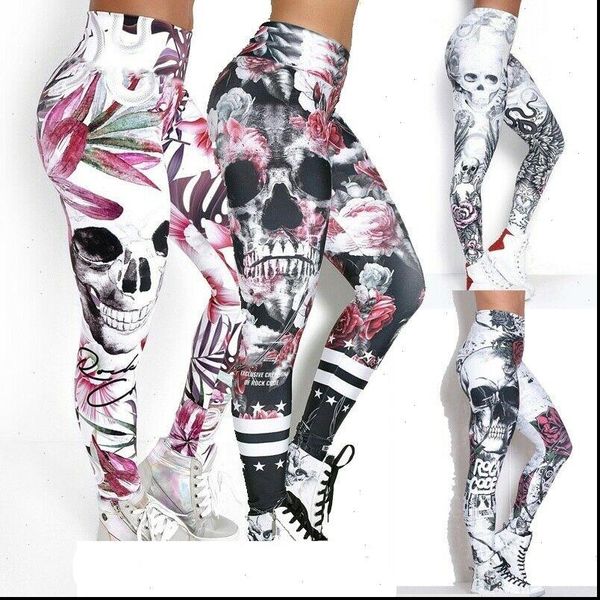 

women leggings sport pants skull printed skinny high waisted fitness slim long pants casual lady legging, Black