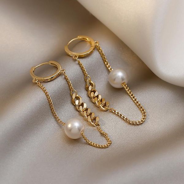 

dangle & chandelier metal link chain earrings with pearl for women 2021 korean trendy elegant jewelry female retro long drop, Silver