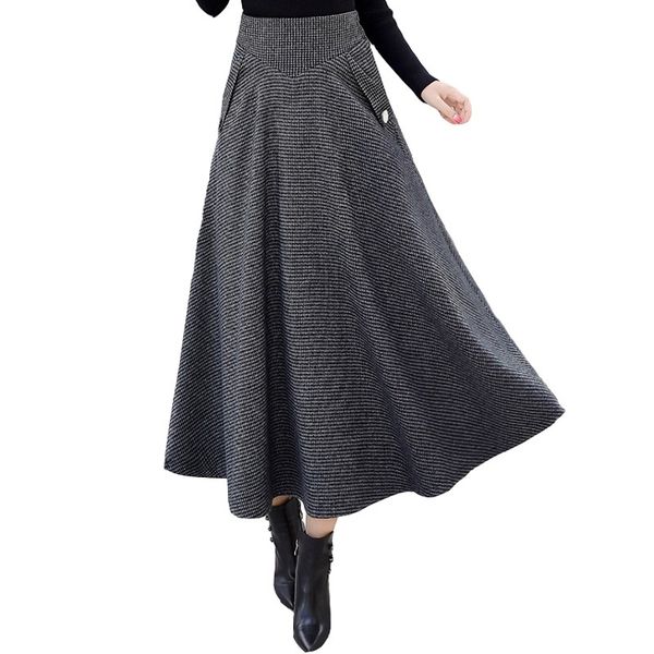 

women skirts winter fashion warm winter office wool pleated maxi skirt femme saia long high waist retro plaid woolen 818i 210309, Black