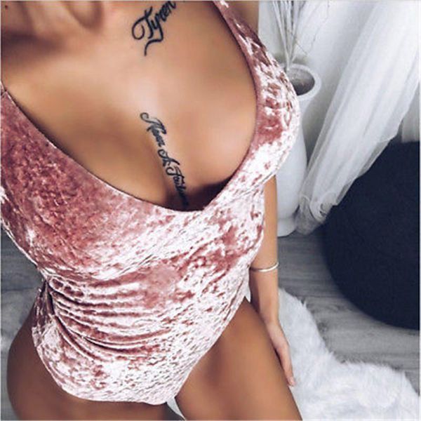 

body mechanics clothing velvet v neck backless spaghetti strap velour bodysuit 2021 woman bright tight slim fit rompers bodysuits, Black