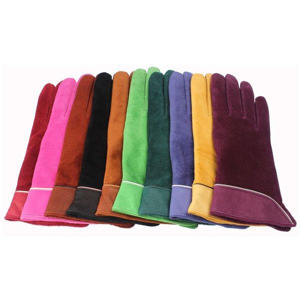 

five fingers gloves 2021 brand fashion women genuine suede leather fleece winter female lady driving, Blue;gray
