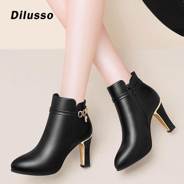 

boots fashion women zipper crystal decoration solid pointed toe shoes party high heels leather ankle 2021, Black