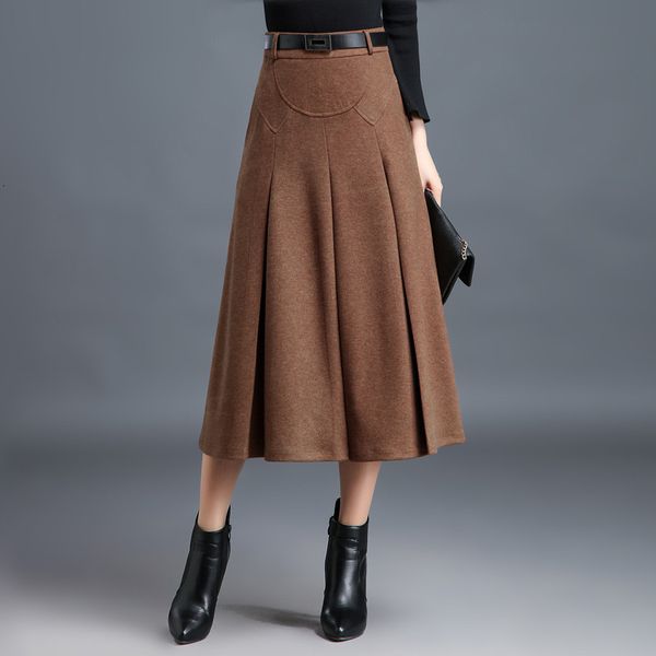 

skirts m-4xl women's winter autumn fashion elegant wool blends thicken pleated slim medium length female 8eum, Black