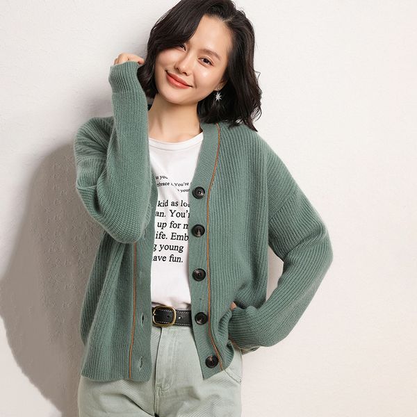 

2021 new 100% cashmere long sleeves women female v-neck autumn winter knitting cardigan warm thickening sweater i8v0, White;black
