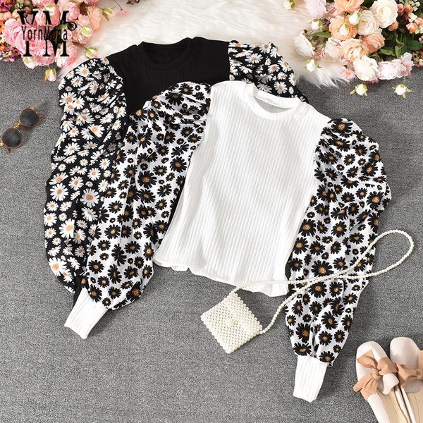 

women's blouses & shirts yornmona ins fashion daisy flower print puff sleeve women blouse shirt spring autumn stretch knit streetwear, White
