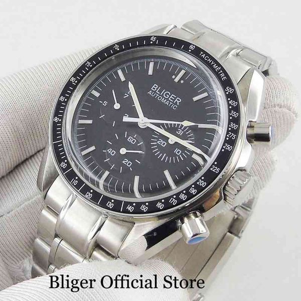

bliger automatic men's watch black dial metal strap weekday date indicator 40mm case popular wristwatch, Silver