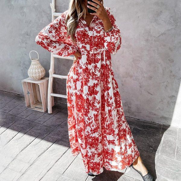 

women's swimwear elegant lace-up drawstring dress summer fashion flower print long sleeve party women casual v neck loose maxi mujer, White;black