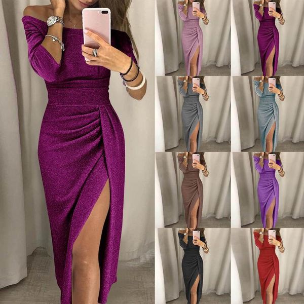 

casual dresses plus size for women 2021 off shoulder high slit temperamental dress long sleeve evening party vestidos mujer, Black;gray