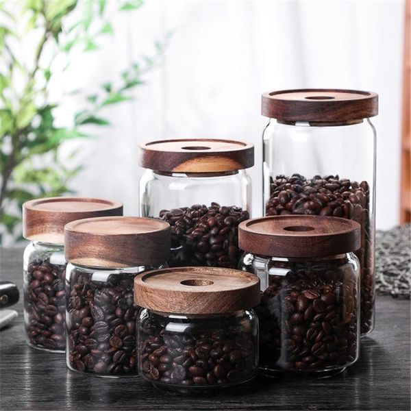 

storage bottles & jars wood lid glass airtight canister kitchen food container grains tea coffee beans tool