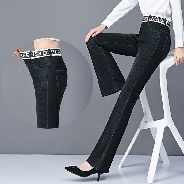 

women's jeans 9xl large size winter fall women letter print stretchy waist flare denim pant office lady fleece thick simple casual 1oqf, Blue