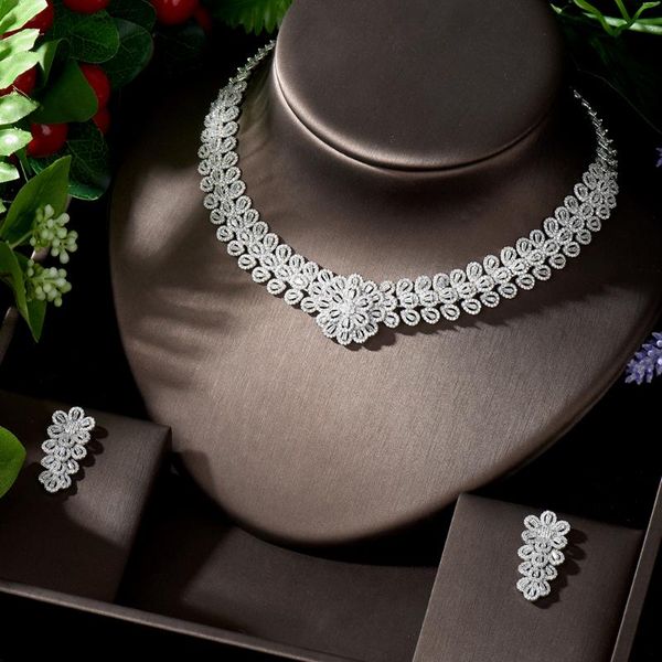 

earrings & necklace hibride unique design luxury cubic zircon leaf shape bridal jewelry sets for bridesmaids women wedding party bijoux, Silver