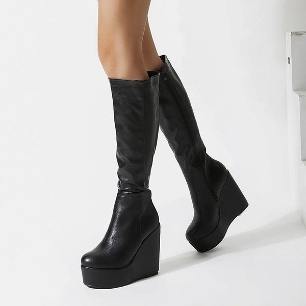 

boots women leather heels long for ladies platform, Black