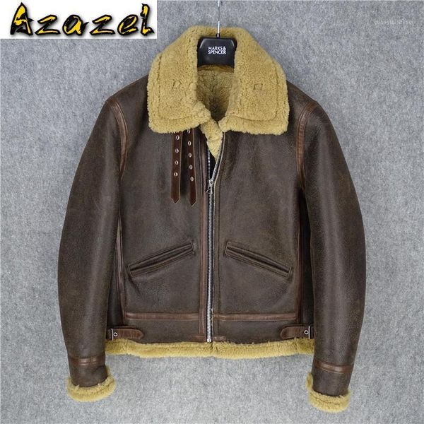 

men's leather & faux azazel men clothing sheepskin genuine jacket mens coat thick retro classic clothes male jaqueta lxr503, Black