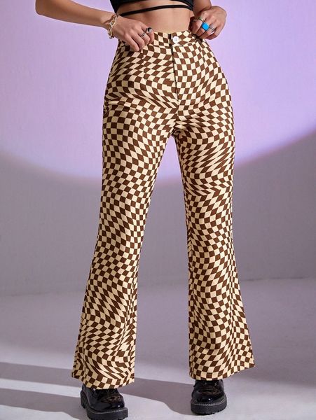 

high waist checkered print flare leg pants 87ui#, Black;white