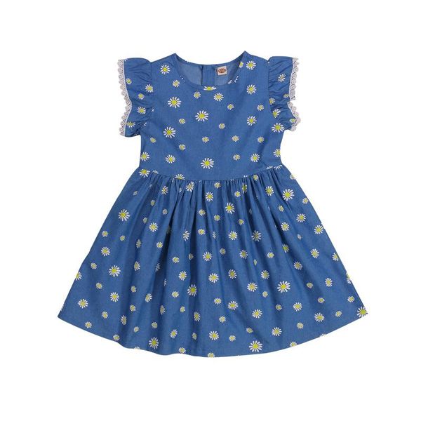 

girl's dresses 2021 est children daisy print denim dress, girls flying sleeve large hem o-neck dress with lace, Red;yellow
