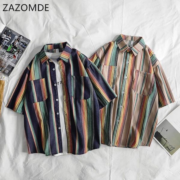 

men's casual shirts short-sleeved shirt 2021 spring and summer rainbow striped young personality trend clothing men oversize, White;black